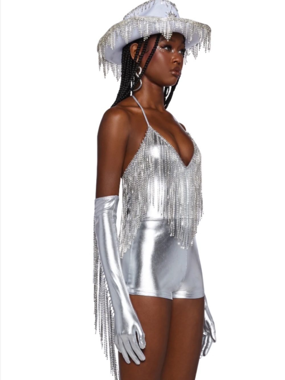 Dolls Kill Sexy Rhinestone Glitter Silver Cowboy Romper Costume